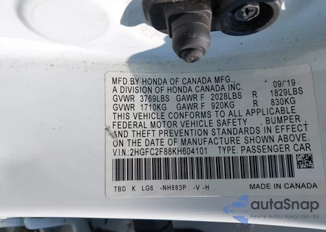 2019 Honda Civic Sport z USA, uszkodzony, nr VIN 2HGFC2F88KH604101